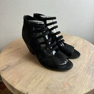 Eileen Fisher James Black Suede‎ Heeled Sandals Peep Toe Strappy Back Zip 8.5